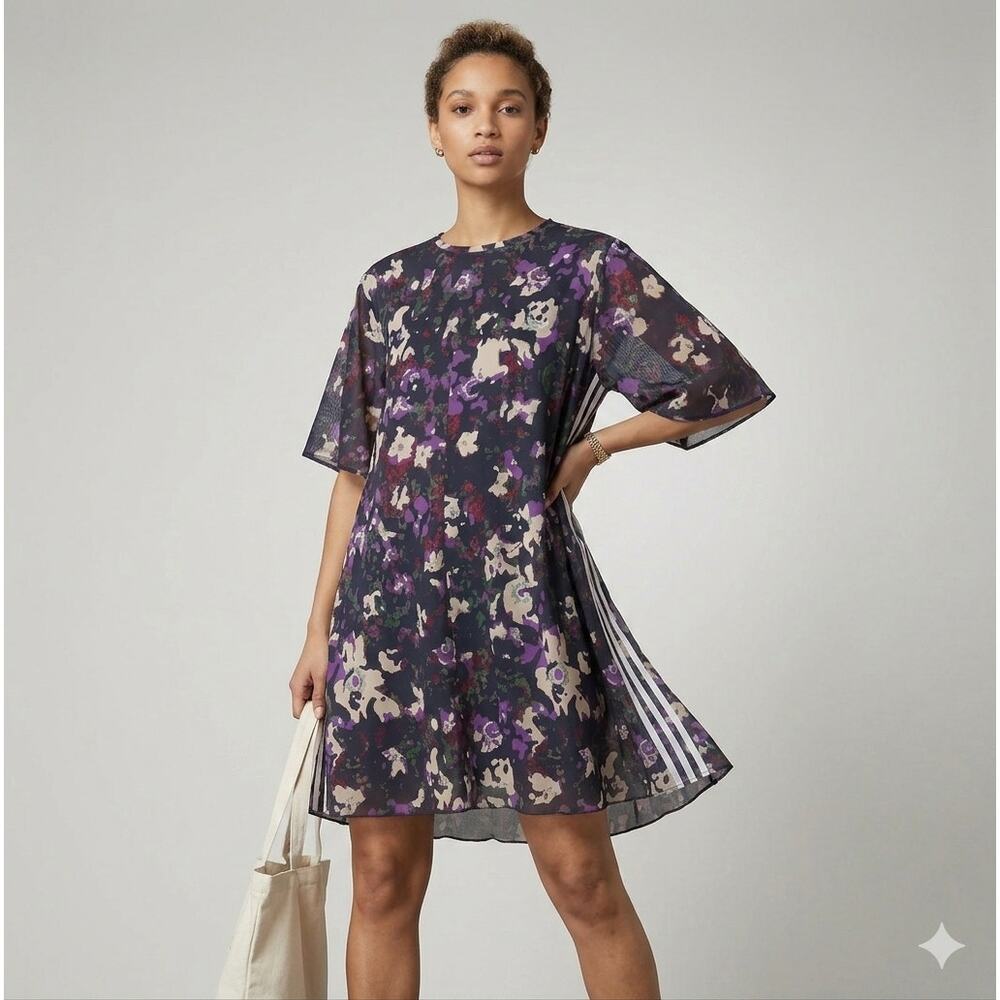 Adidas Originals Abstract Floral Camo T-Shirt Dress 3-Stripes Trefoil Women's L - Picture 2 of 11